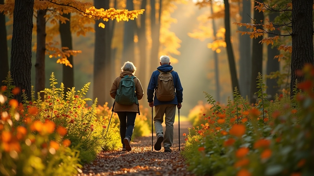 Seniorzy na leśnej ścieżce, jesienna sceneria, przewodnik wskazujący rośliny
