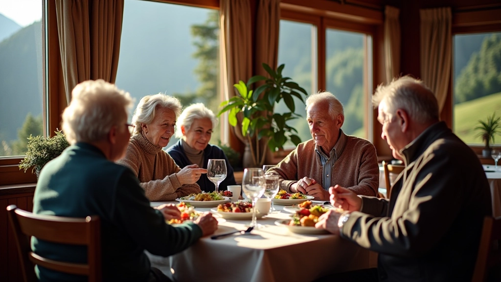 Grupa seniorów przy stole w tradycyjnej restauracji, krajobraz Pienin w tle