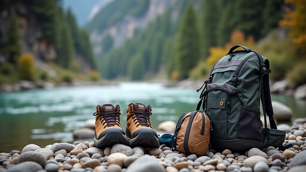 Turystyczne buty trekkingowe leżące na skale obok rzeki, plecak i przybory do wędrówki