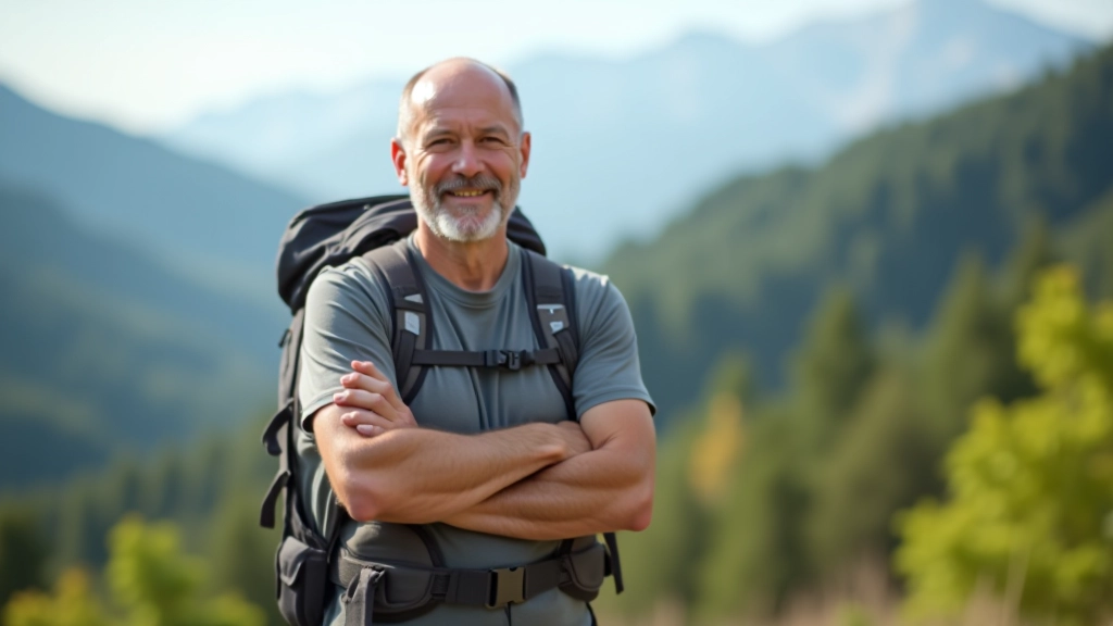 Portret przewodnika z profesjonalnym ubiorem, w tle góry