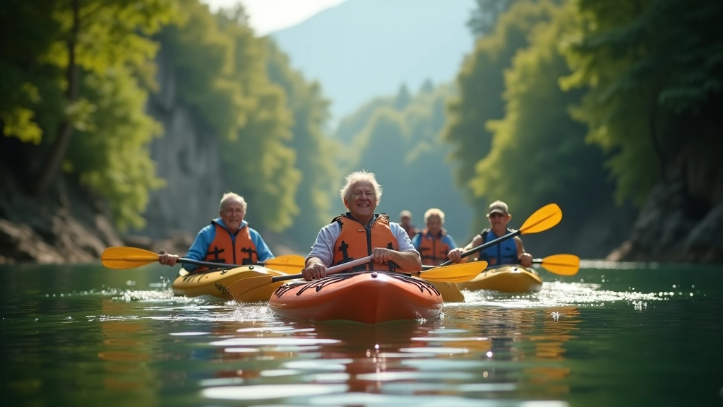 Kajak na rzece Dunajec w wąwozie, seniorzy w kajakach z przewodnikiem